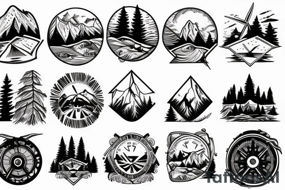 Mountains, Compass, Adventure, Van, Trees, Motorcycle, birds tattoo idea Mountains, Compass, Adventure, Van, Trees, Motorcycle, birds tattoo idea