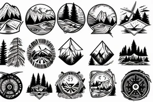 Mountains, Compass, Adventure, Van, Trees, Motorcycle, birds tattoo idea