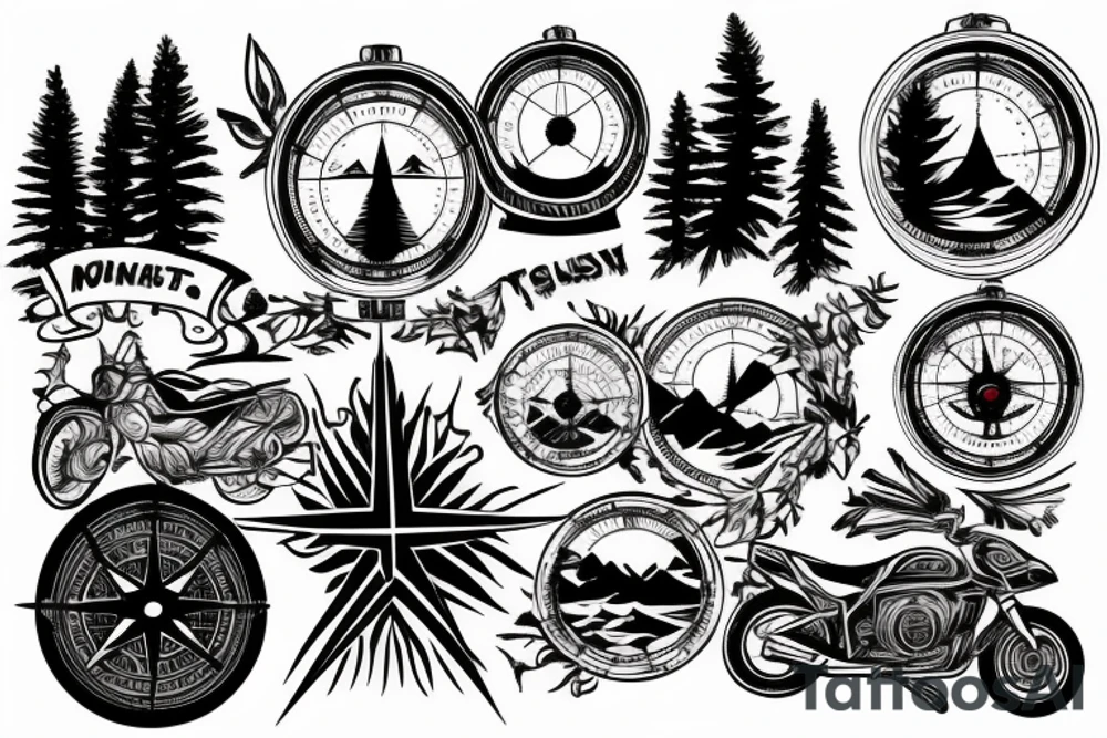 Mountains, Compass, Adventure, Van, Trees, Motorcycle, birds tattoo idea Mountains, Compass, Adventure, Van, Trees, Motorcycle, birds tattoo idea