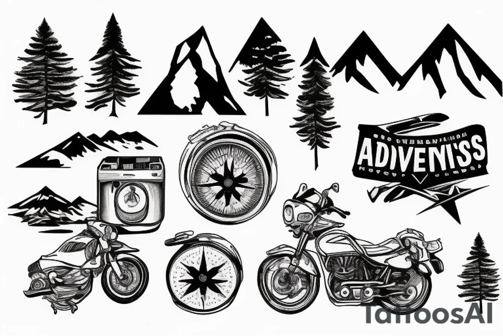 Mountains, Compass, Adventure, Van, Trees, Motorcycle, birds tattoo idea Mountains, Compass, Adventure, Van, Trees, Motorcycle, birds tattoo idea