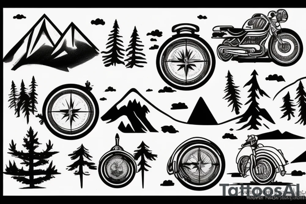 Mountains, Compass, Adventure, Van, Trees, Motorcycle, birds tattoo idea