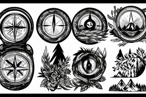 Mountains, Compass, Adventure, Van, Trees, Motorcycle, birds tattoo idea