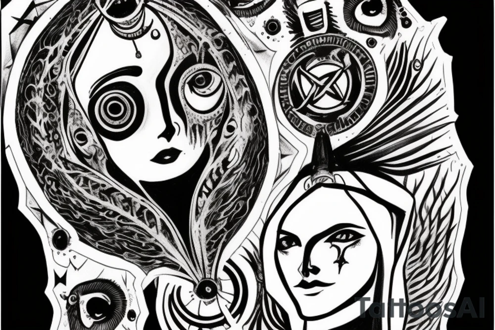 Greek goddes Hecate, with horror theme saw. white eyes. tattoo idea