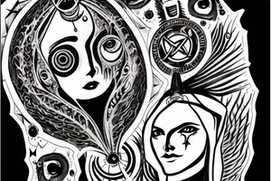 Greek goddes Hecate, with horror theme saw. white eyes. tattoo idea