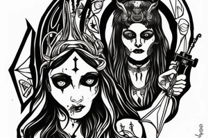 Greek goddes Hecate, with horror theme saw. white eyes. tattoo idea