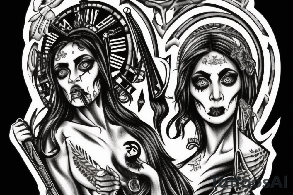 Greek goddes Hecate, with horror theme saw. tattoo idea