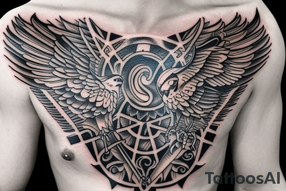 A chest tattoo featuring a hawk tattoo idea