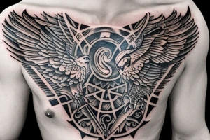 A chest tattoo featuring a hawk tattoo idea