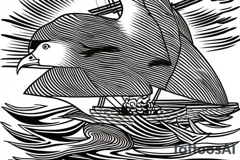 A fine line sailing boat on a kanagawa style sea with sea-eagle tattoo idea