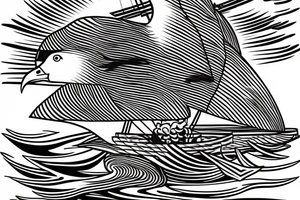 A fine line sailing boat on a kanagawa style sea with sea-eagle tattoo idea