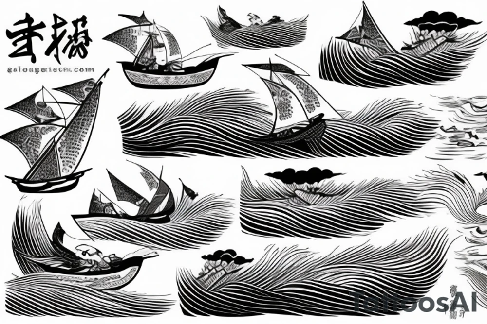 A fine line sailing boat on a kanagawa style sea with sea-eagle tattoo idea