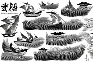 A fine line sailing boat on a kanagawa style sea with sea-eagle tattoo idea