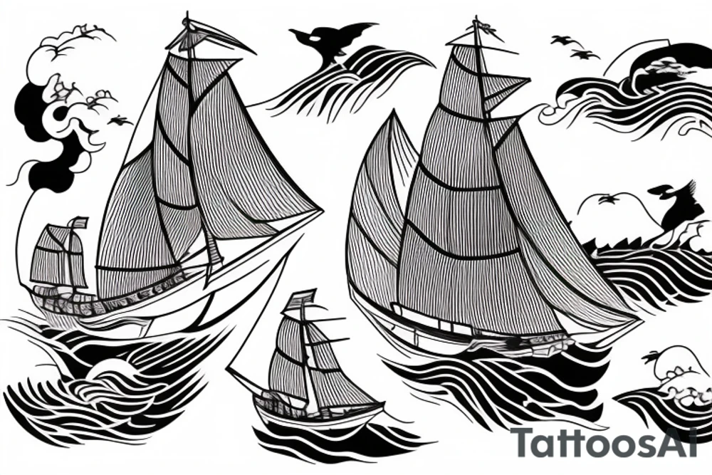 A fine line sailing boat on a kanagawa style sea with sea-eagle tattoo idea