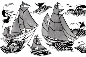 A fine line sailing boat on a kanagawa style sea with sea-eagle tattoo idea