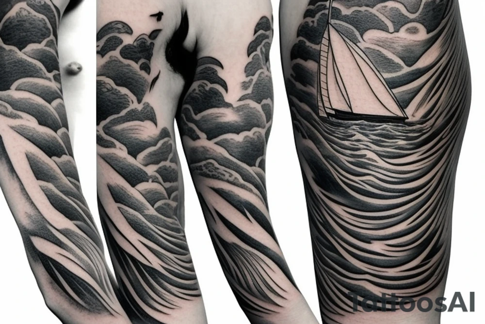 sailing boat on a kanagawa style sea with sea-eagle tattoo idea