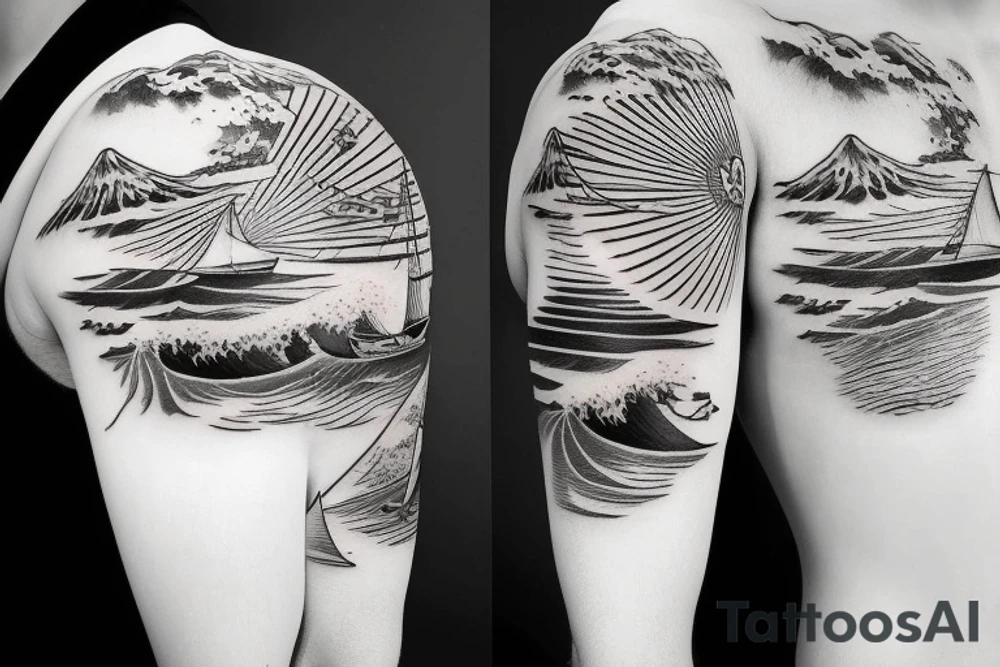 sailing boat on a kanagawa style sea with sea-eagle tattoo idea
