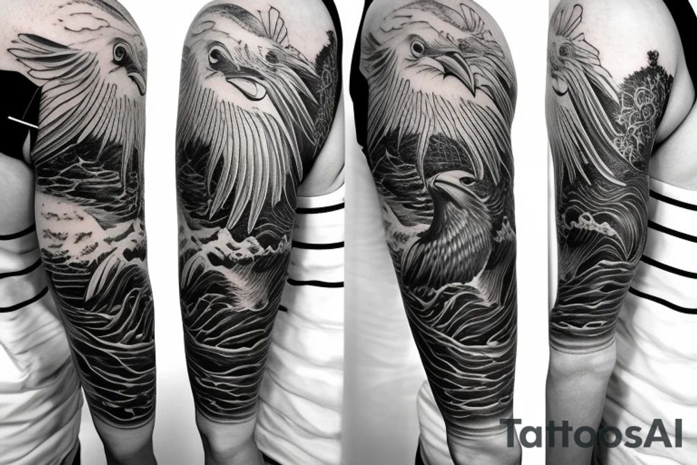 sailing boat on a kanagawa style sea with sea-eagle on the back of the forearm tattoo idea