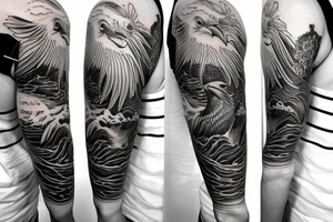sailing boat on a kanagawa style sea with sea-eagle on the back of the forearm tattoo idea