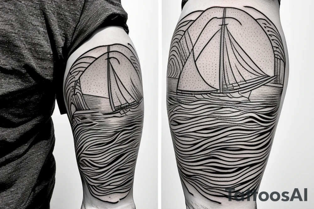 sailing boat on a kanagawa style sea with sea-eagle on the back of the forearm tattoo idea