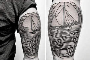 sailing boat on a kanagawa style sea with sea-eagle on the back of the forearm tattoo idea