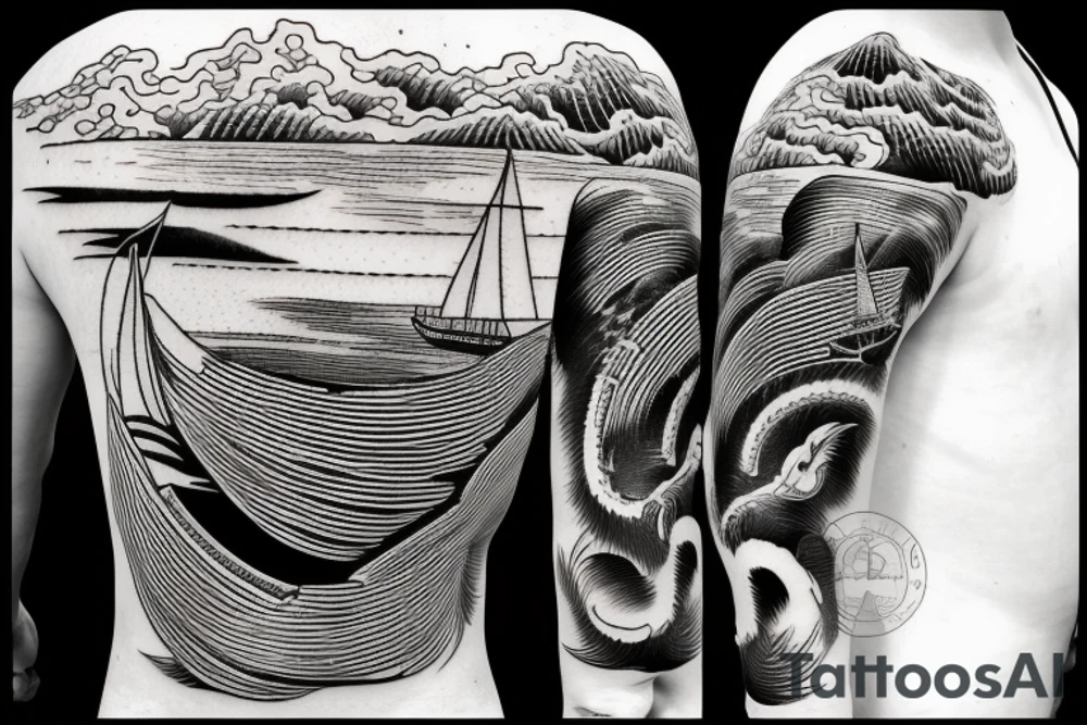 sailing boat on a kanagawa style sea with sea-eagle on the back of the forearm tattoo idea