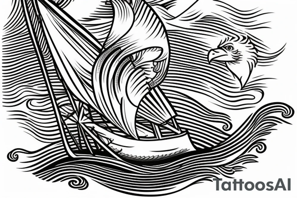 sailing boat on a kanagawa style sea with sea-eagle on the back of the forearm tattoo idea