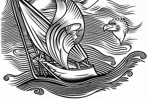 sailing boat on a kanagawa style sea with sea-eagle on the back of the forearm tattoo idea