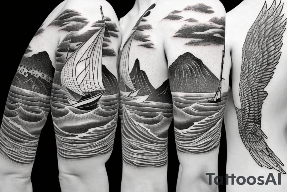 sailing boat on a kanagawa style sea with sea-eagle on the back of the forearm tattoo idea