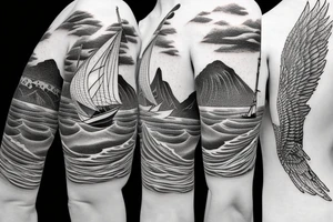 sailing boat on a kanagawa style sea with sea-eagle on the back of the forearm tattoo idea