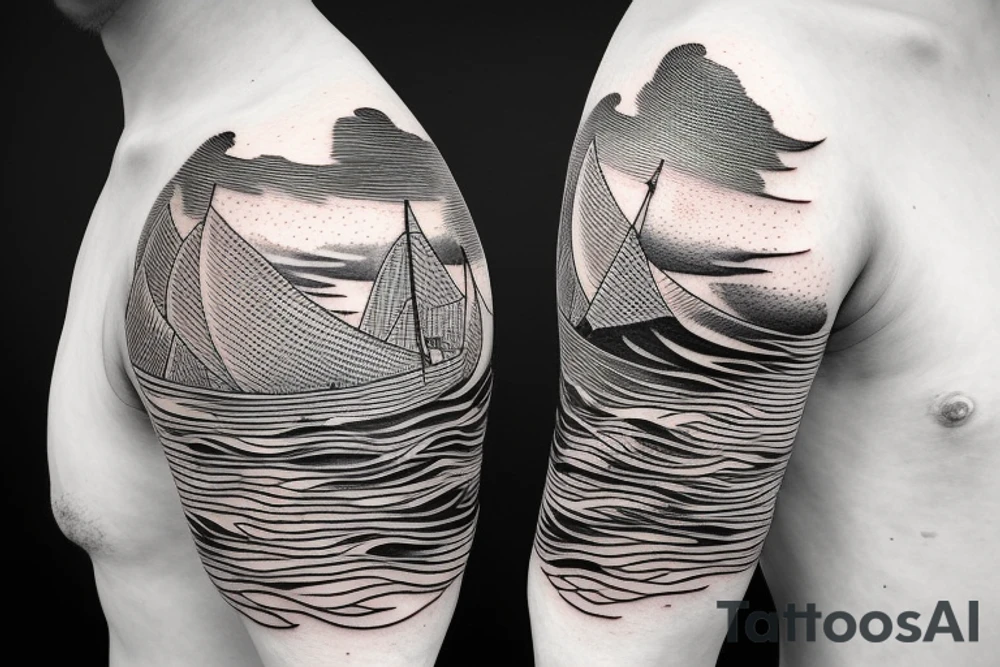 sailing boat on a kanagawa style sea with sea-eagle on the back of the forearm tattoo idea