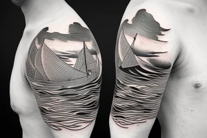 sailing boat on a kanagawa style sea with sea-eagle on the back of the forearm tattoo idea