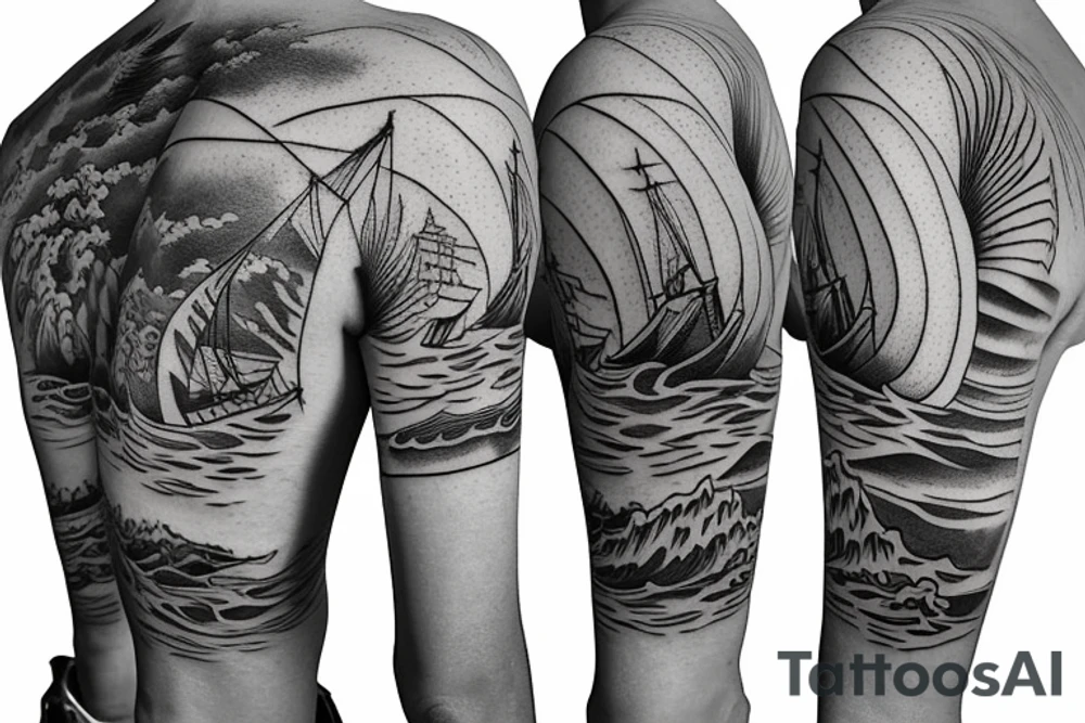 sailing boat on a kanagawa style sea with sea-eagle on the back of the forearm tattoo idea