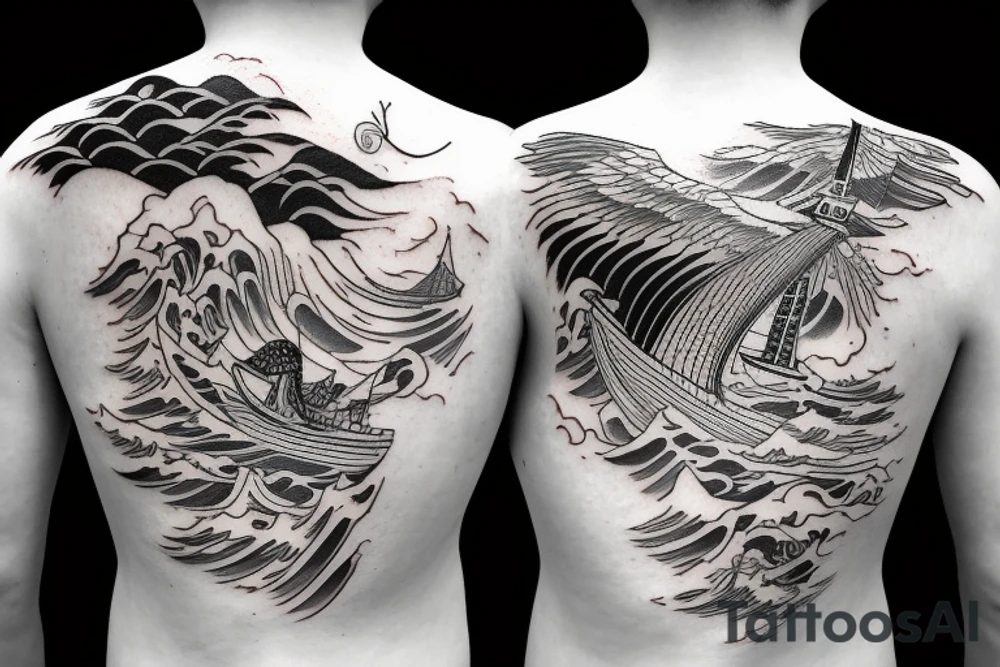sailing boat on a kanagawa style sea with sea-eagle on the back of the forearm tattoo idea