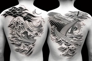 sailing boat on a kanagawa style sea with sea-eagle on the back of the forearm tattoo idea