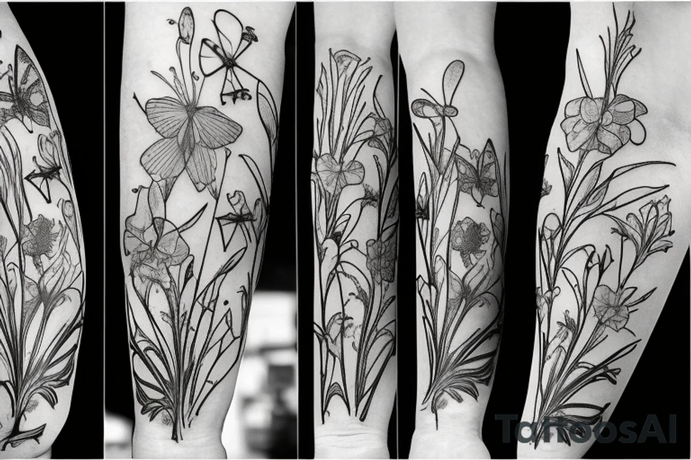 Arm sleeve with a half broken clock with shattered glass going into butterflies and the other half a DNA structure with water lilys, daffodils, and gladiolus flowers tattoo idea