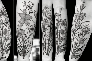 Arm sleeve with a half broken clock with shattered glass going into butterflies and the other half a DNA structure with water lilys, daffodils, and gladiolus flowers tattoo idea