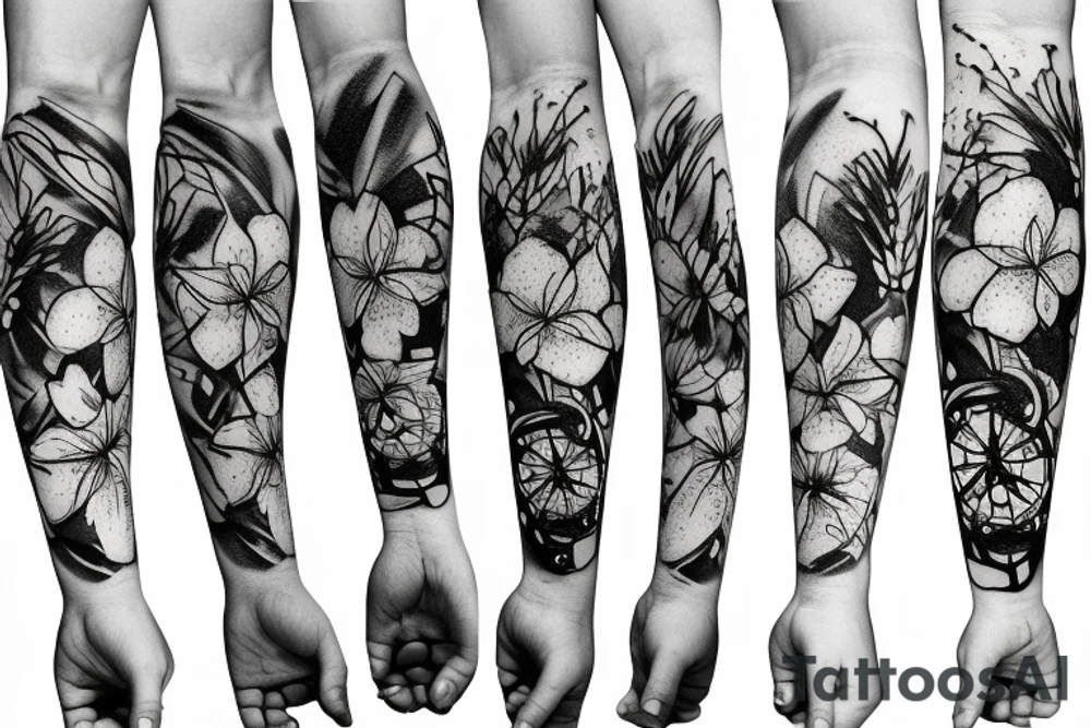 Arm sleeve with a half broken clock with shattered glass going into butterflies and the other half a DNA structure with water lilys, daffodils, and gladiolus flowers tattoo idea