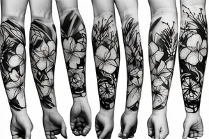 Arm sleeve with a half broken clock with shattered glass going into butterflies and the other half a DNA structure with water lilys, daffodils, and gladiolus flowers tattoo idea