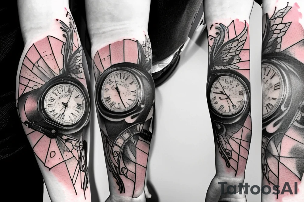 Arm sleeve with a half broken clock with shattered glass going into butterflies and the other half a DNA structure tattoo idea