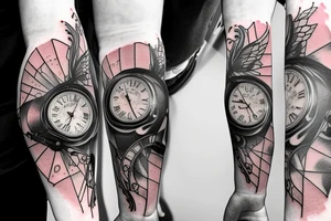 Arm sleeve with a half broken clock with shattered glass going into butterflies and the other half a DNA structure tattoo idea