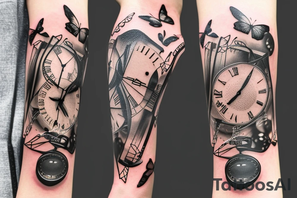 Arm sleeve with a half broken clock with shattered glass going into butterflies and the other half a DNA structure tattoo idea