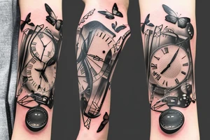 Arm sleeve with a half broken clock with shattered glass going into butterflies and the other half a DNA structure tattoo idea