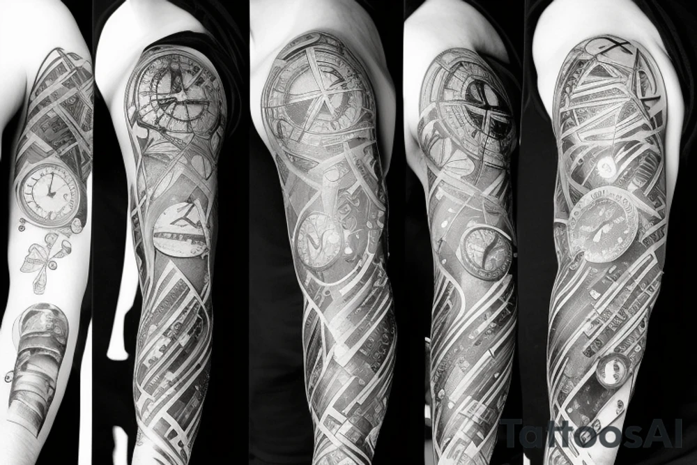 Arm sleeve with a half broken clock with shattered glass and the other half a DNA structure tattoo idea