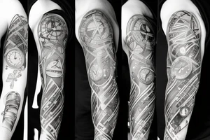 Arm sleeve with a half broken clock with shattered glass and the other half a DNA structure tattoo idea