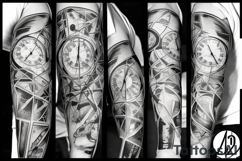 Arm sleeve with a half broken clock with shattered glass and the other half a DNA structure tattoo idea