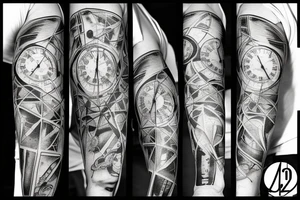 Arm sleeve with a half broken clock with shattered glass and the other half a DNA structure tattoo idea