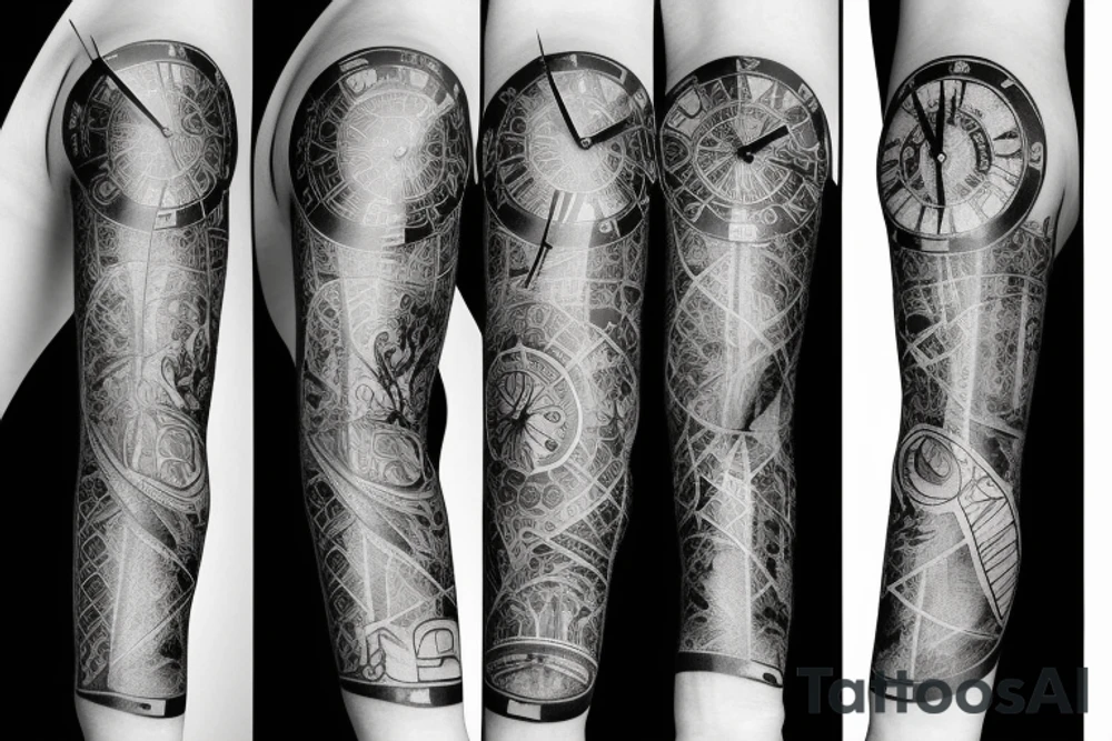 Arm sleeve with a half broken clock with shattered glass tattoo idea