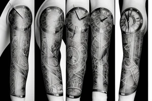 Arm sleeve with a half broken clock with shattered glass tattoo idea