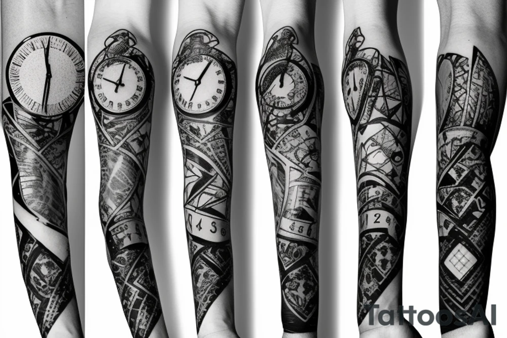 Arm sleeve with a half broken clock with shattered glass tattoo idea Arm sleeve with a half broken clock with shattered glass tattoo idea