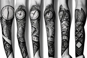 Arm sleeve with a half broken clock with shattered glass tattoo idea